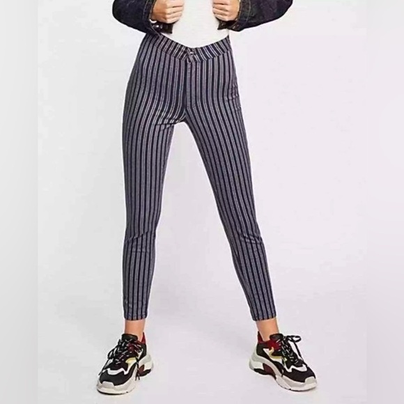 Free People Navy Blue Red Grey Striped High Waisted Skinny Ankle Pants Size 27 - Picture 11 of 11